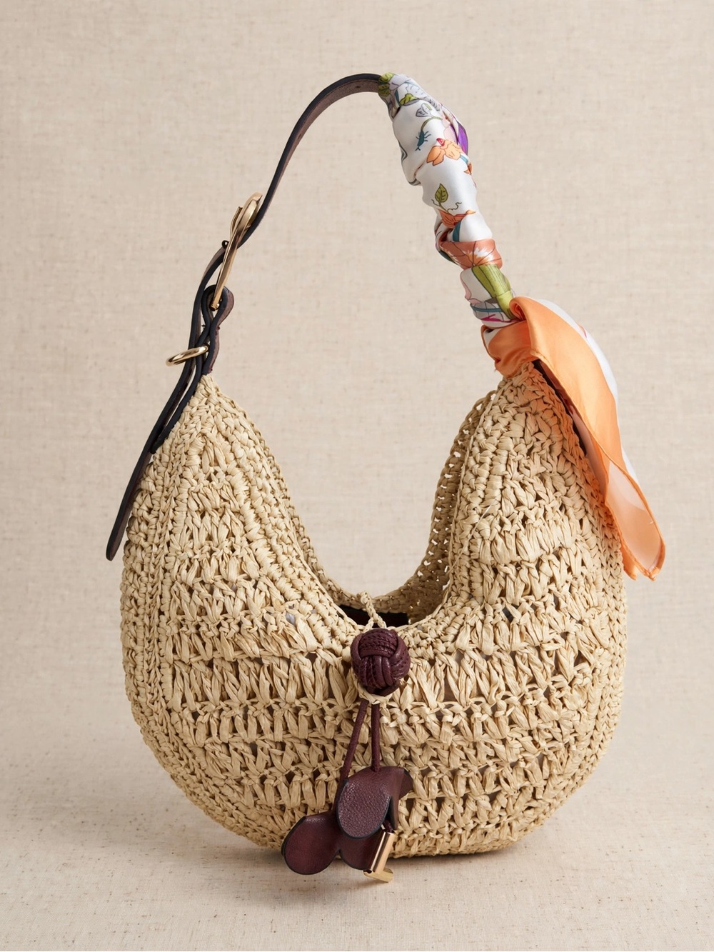 H&M Woven Raffia Shoulder Bag with Scarf and Brown Accents